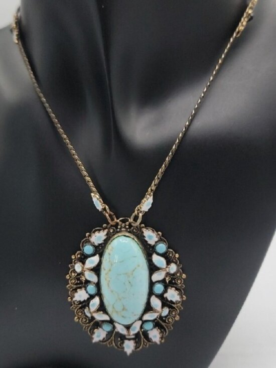 Unbranded Jewelry - Max Neiger Czech Blue Hubble Glass Necklace Antique 1920s Art Deco 25" Enamel